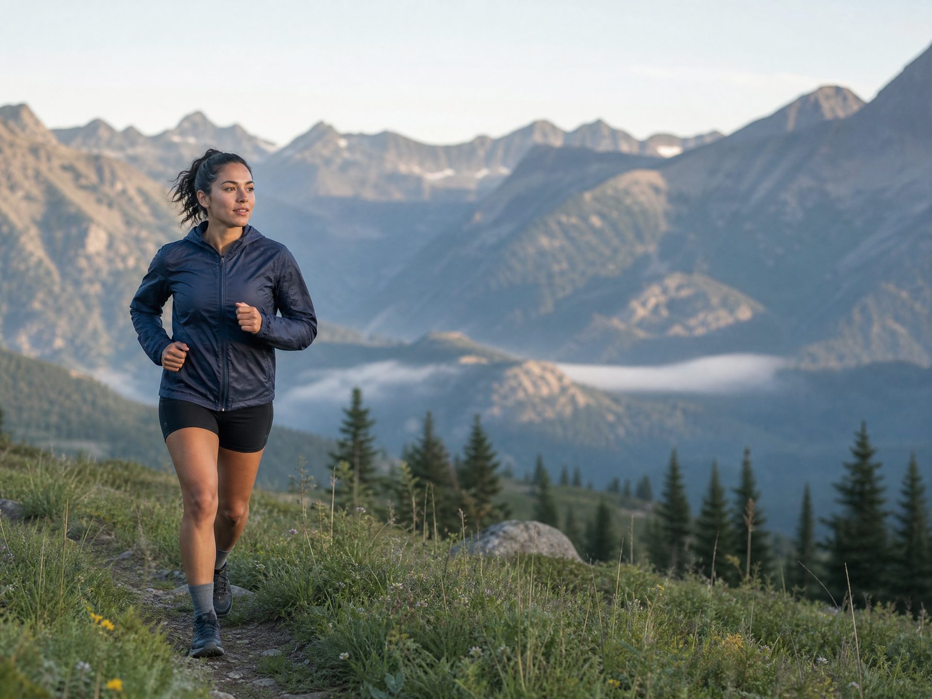Woman jogging a mountain trail at sunrise